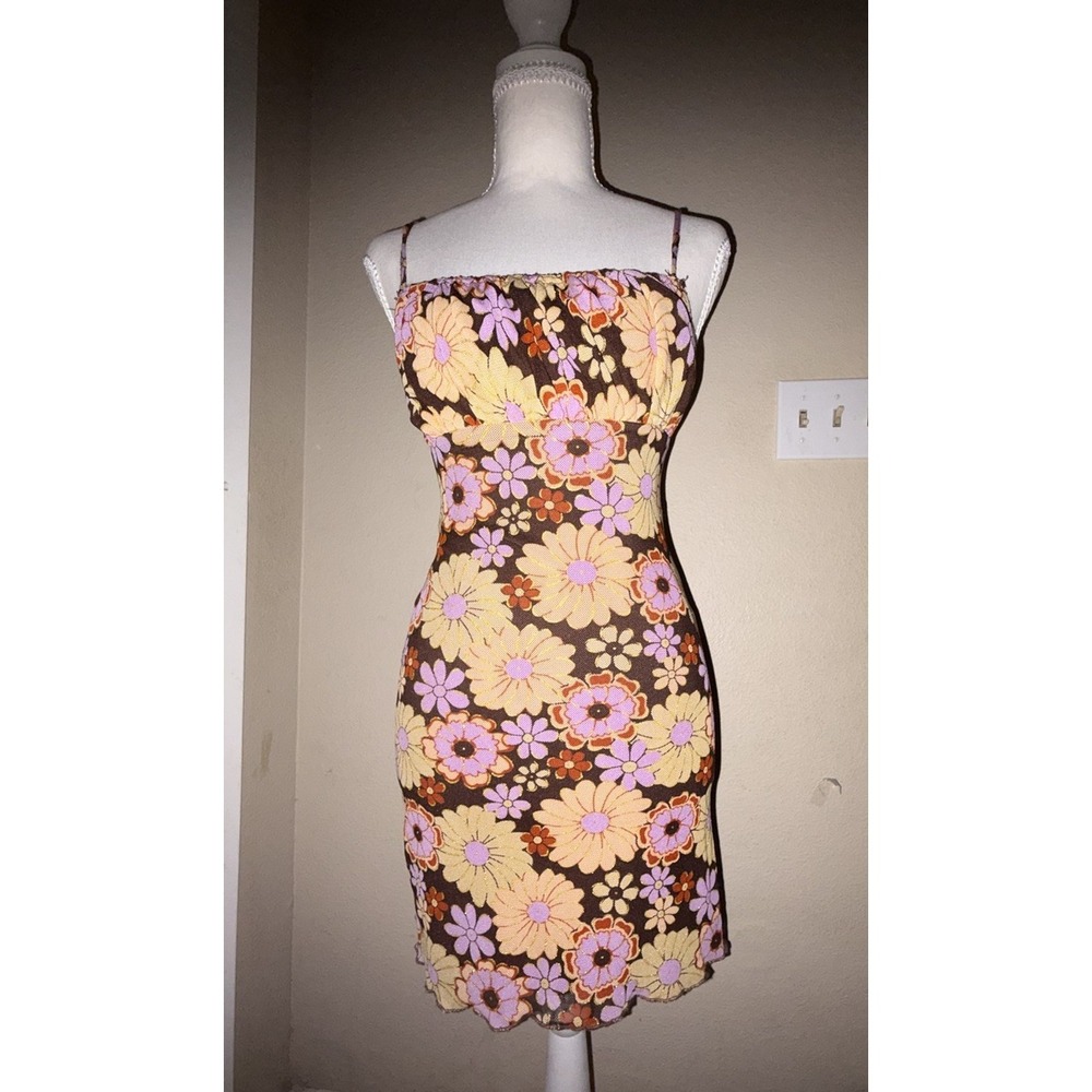 Princess Polly Dress Womens 2 Brown Floral Mesh Slip Mini Y2K Babydoll Milkmaid
